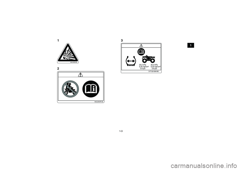 YAMAHA YFM350R-W 2012  Notices Demploi (in French) 1-3
1
4AA-22259-40
5YT-2816M-M0
  25.0 kPa
  0.25 kgf/cm²
    3.6 psi  25.0 kPa
  0.25 kgf/cm²
    3.6 psi
1AS-2816P-00
1
23
U10P70F0.book  Page 3  Thursday, July 21, 2011  9:04 AM 