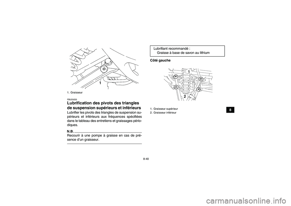 YAMAHA YFM350R-W 2012 Notices Demploi (in French) 8-40
8
FBU25033Lubrification des pivots des triangles
de suspension supérieurs et inférieurs Lubrifier les pivots des triangles de suspension su-
périeurs et inférieurs aux fréquences spécifié YAMAHA YFM350R-W 2012 Notices Demploi (in French) 8-40
8
FBU25033Lubrification des pivots des triangles
de suspension supérieurs et inférieurs Lubrifier les pivots des triangles de suspension su-
périeurs et inférieurs aux fréquences spécifié