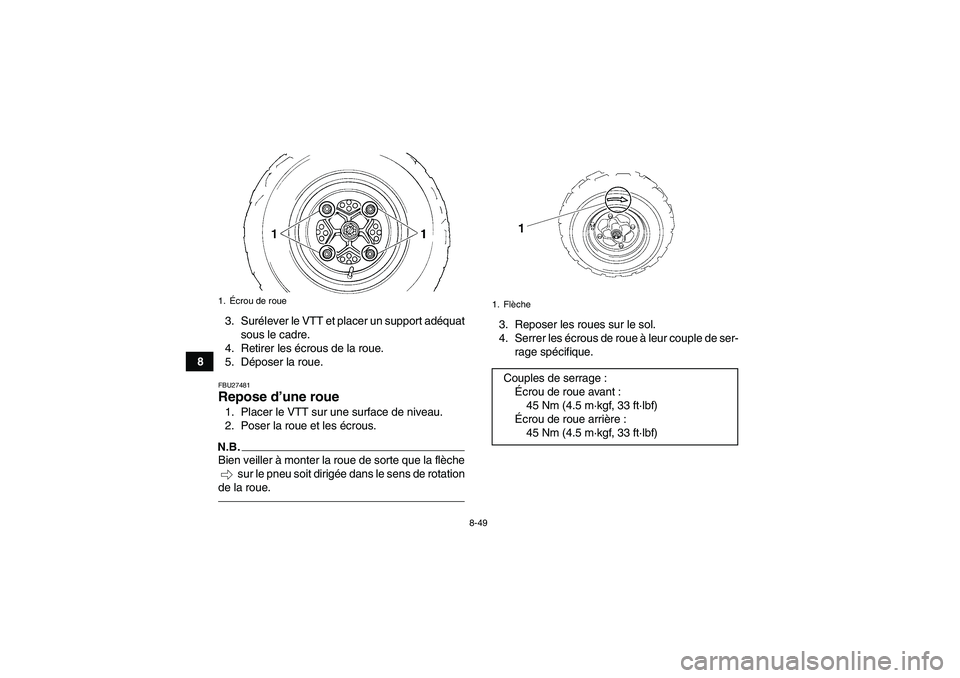 YAMAHA YFM350R-W 2012 Notices Demploi (in French) 8-49
83. Surélever le VTT et placer un support adéquat
sous le cadre.
4. Retirer les écrous de la roue.
5. Déposer la roue.
FBU27481Repose d’une roue 1. Placer le VTT sur une surface de niveau.
YAMAHA YFM350R-W 2012 Notices Demploi (in French) 8-49
83. Surélever le VTT et placer un support adéquat
sous le cadre.
4. Retirer les écrous de la roue.
5. Déposer la roue.
FBU27481Repose d’une roue 1. Placer le VTT sur une surface de niveau.