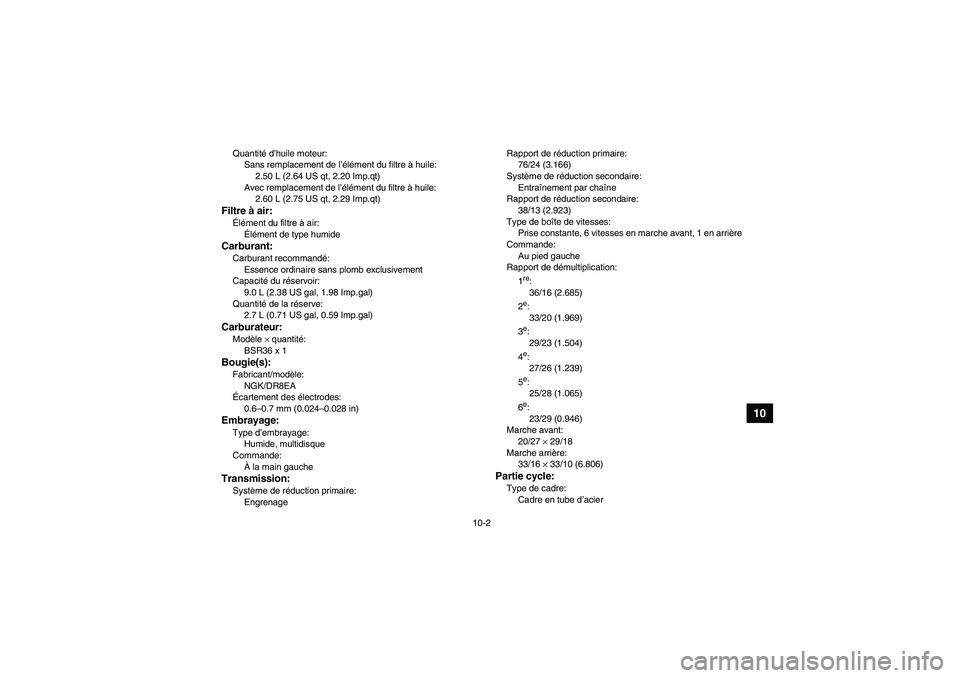 YAMAHA YFM350R-W 2012 Notices Demploi (in French) 10-2
10
Quantité d’huile moteur:
Sans remplacement de l’élément du filtre à huile:
2.50 L (2.64 US qt, 2.20 Imp.qt)
Avec remplacement de l’élément du filtre à huile:
2.60 L (2.75 US qt, 2 YAMAHA YFM350R-W 2012 Notices Demploi (in French) 10-2
10
Quantité d’huile moteur:
Sans remplacement de l’élément du filtre à huile:
2.50 L (2.64 US qt, 2.20 Imp.qt)
Avec remplacement de l’élément du filtre à huile:
2.60 L (2.75 US qt, 2