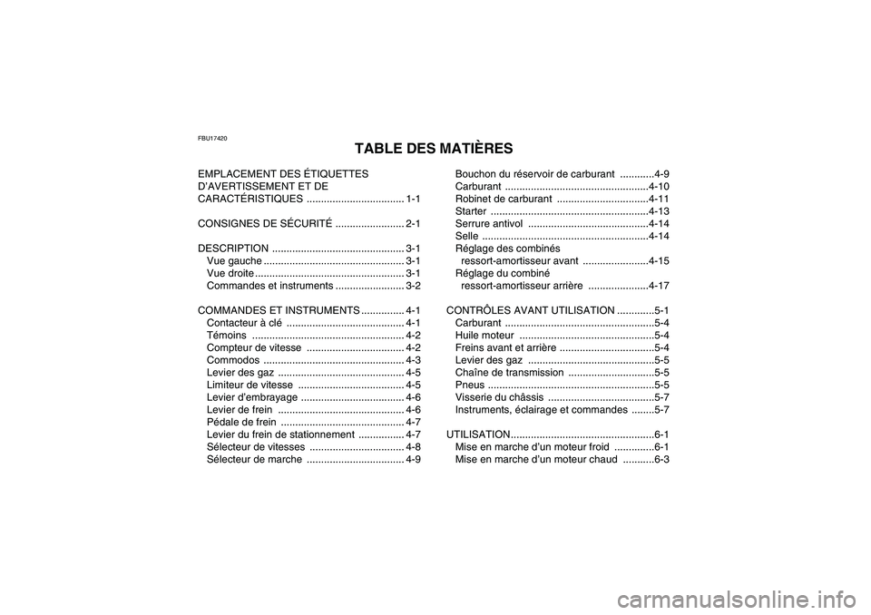 YAMAHA YFM350R-W 2012  Notices Demploi (in French) FBU17420
TABLE DES MATIÈRES
EMPLACEMENT DES ÉTIQUETTES 
D’AVERTISSEMENT ET DE 
CARACTÉRISTIQUES .................................. 1-1
CONSIGNES DE SÉCURITÉ ........................ 2-1
DESCRIP