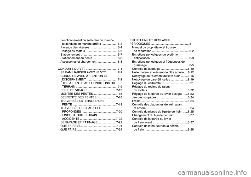 YAMAHA YFM350R-W 2012  Notices Demploi (in French) Fonctionnement du sélecteur de marche 
et conduite en marche arrière .................. 6-3
Passage des vitesses  ................................ 6-4
Rodage du moteur  .............................