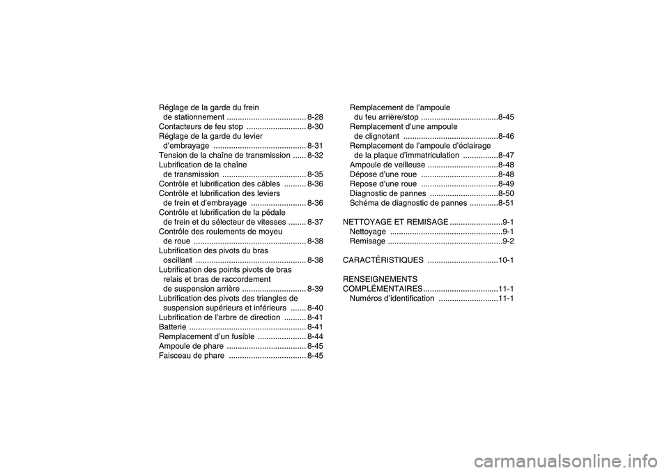 YAMAHA YFM350R-W 2012  Notices Demploi (in French) Réglage de la garde du frein 
de stationnement .................................... 8-28
Contacteurs de feu stop  ........................... 8-30
Réglage de la garde du levier 
d’embrayage ......