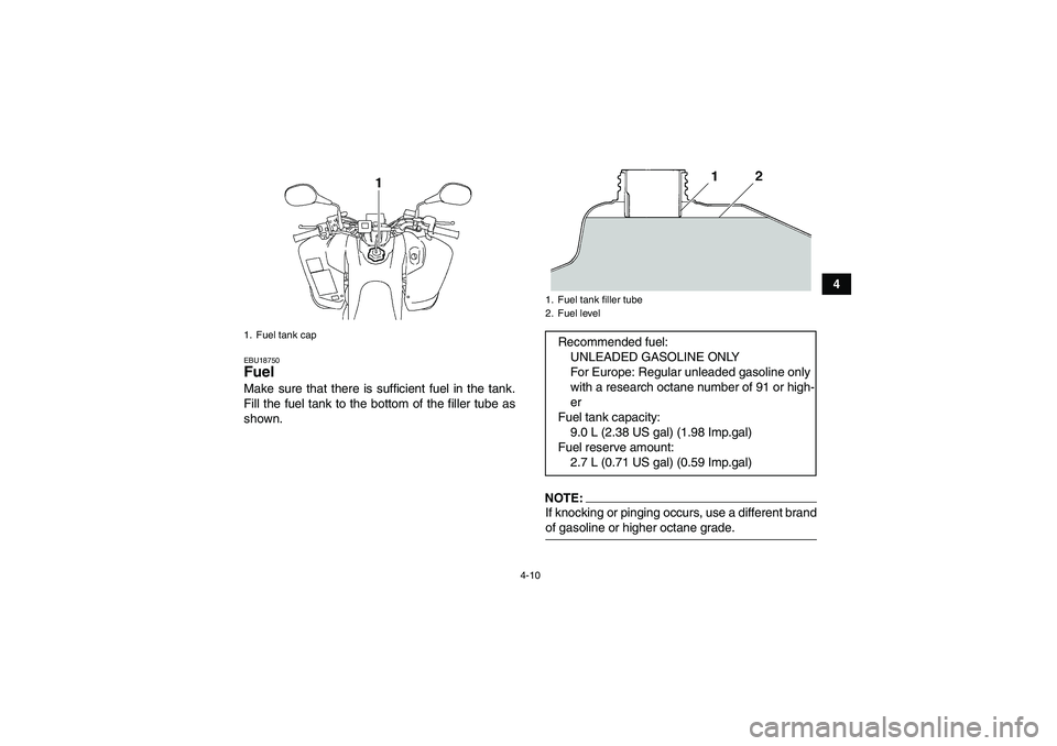 YAMAHA YFM350R-W 2007 Owners Manual 4-10
4
EBU18750Fuel Make sure that there is sufficient fuel in the tank.
Fill the fuel tank to the bottom of the filler tube as
shown.
NOTE:If knocking or pinging occurs, use a different brandof gasol YAMAHA YFM350R-W 2007 Owners Manual 4-10
4
EBU18750Fuel Make sure that there is sufficient fuel in the tank.
Fill the fuel tank to the bottom of the filler tube as
shown.
NOTE:If knocking or pinging occurs, use a different brandof gasol
