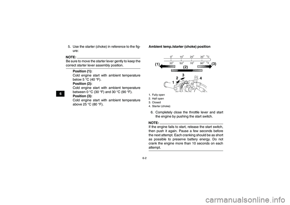YAMAHA YFM350R-W 2008 User Guide 6-2
65. Use the starter (choke) in reference to the fig-
ure:
NOTE:Be sure to move the starter lever gently to keep thecorrect starter lever assembly position.
Position (1):
Cold engine start with amb