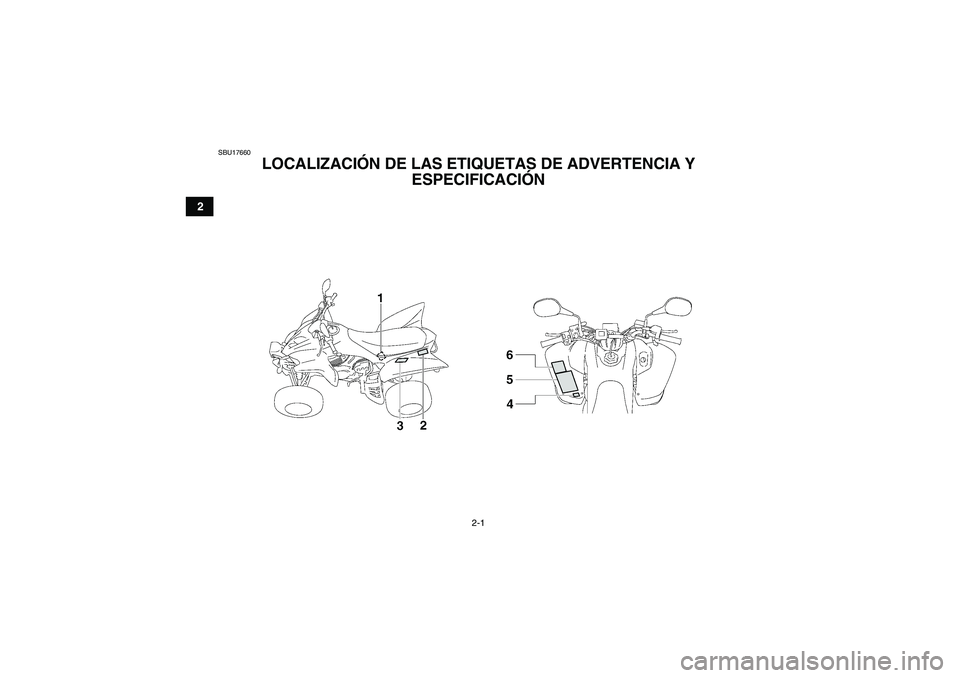 YAMAHA YFM350R-W 2007  Manuale de Empleo (in Spanish) 2-1
2
SBU17660
LOCALIZACIÓN DE LAS ETIQUETAS DE ADVERTENCIA Y 
ESPECIFICACIÓN 
U10P60S0.book  Page 1  Thursday, June 15, 2006  5:23 PM 