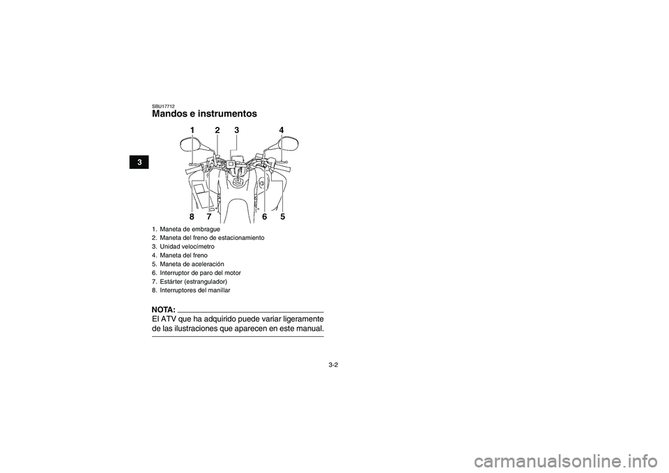YAMAHA YFM350R-W 2008  Manuale de Empleo (in Spanish) 3-2
3
SBU17712Mandos e instrumentosNOTA:El ATV que ha adquirido puede variar ligeramentede las ilustraciones que aparecen en este manual.1. Maneta de embrague
2. Maneta del freno de estacionamiento
3.