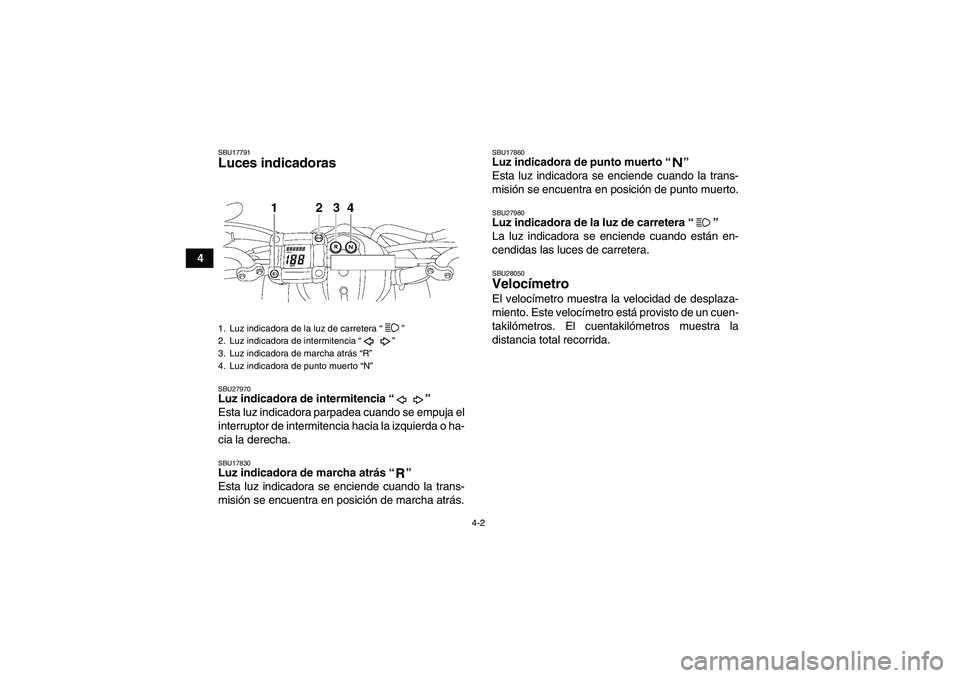 YAMAHA YFM350R-W 2008  Manuale de Empleo (in Spanish) 4-2
4
SBU17791Luces indicadoras SBU27970Luz indicadora de intermitencia “” 
Esta luz indicadora parpadea cuando se empuja el
interruptor de intermitencia hacia la izquierda o ha-
cia la derecha.SB