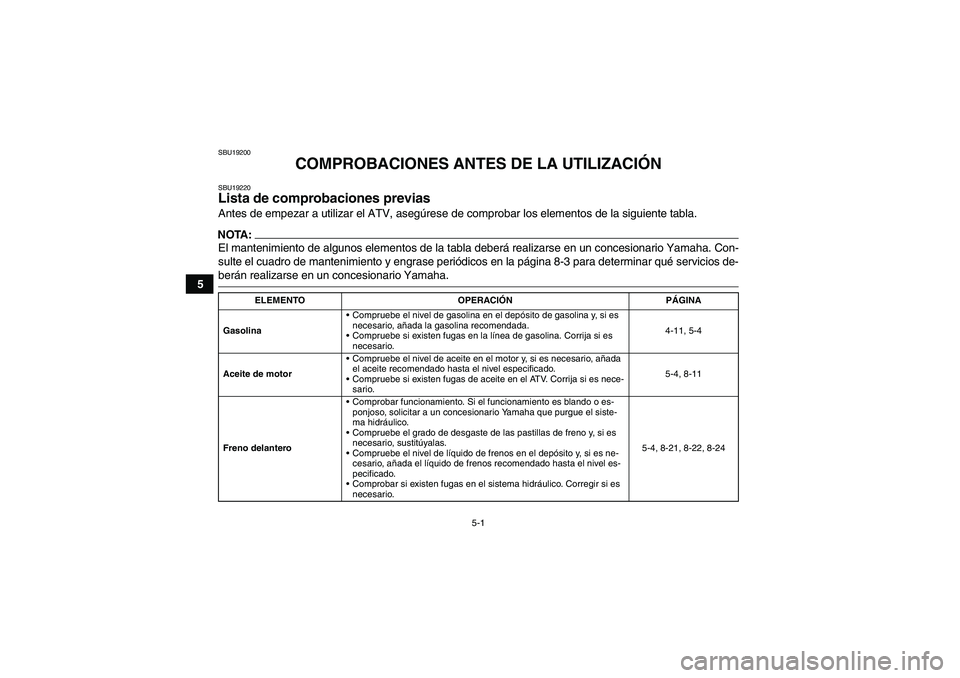 YAMAHA YFM350R-W 2008  Manuale de Empleo (in Spanish) 5-1
5
SBU19200
COMPROBACIONES ANTES DE LA UTILIZACIÓN
SBU19220Lista de comprobaciones previas Antes de empezar a utilizar el ATV, asegúrese de comprobar los elementos de la siguiente tabla.NOTA:El m