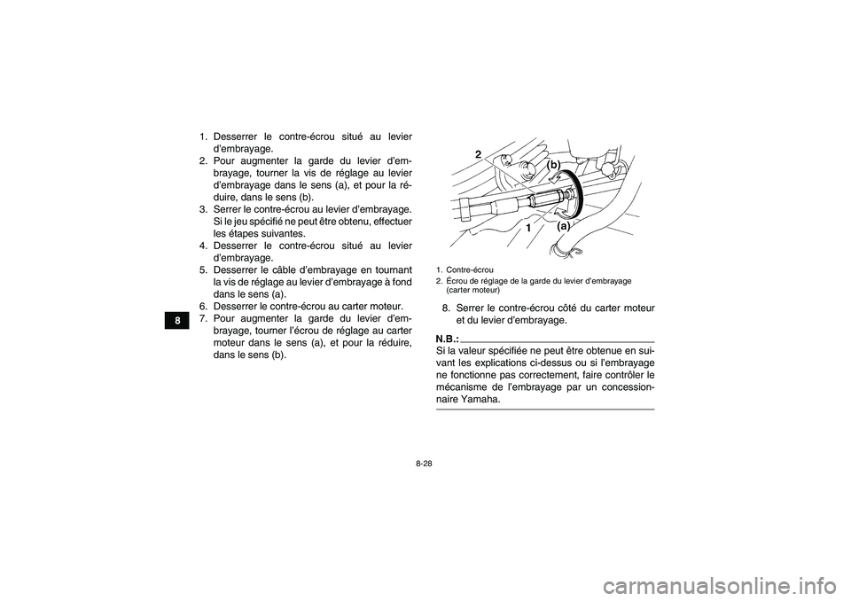 YAMAHA YFM350R-W 2010  Notices Demploi (in French) 8-28
81. Desserrer le contre-écrou situé au levier
d’embrayage.
2. Pour augmenter la garde du levier d’em-
brayage, tourner la vis de réglage au levier
d’embrayage dans le sens (a), et pour l