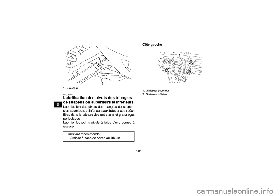 YAMAHA YFM350R-W 2010 Notices Demploi (in French) 8-36
8
FBU25030Lubrification des pivots des triangles
de suspension supérieurs et inférieurs Lubrification des pivots des triangles de suspen-
sion supérieurs et inférieurs aux fréquences spéci YAMAHA YFM350R-W 2010 Notices Demploi (in French) 8-36
8
FBU25030Lubrification des pivots des triangles
de suspension supérieurs et inférieurs Lubrification des pivots des triangles de suspen-
sion supérieurs et inférieurs aux fréquences spéci