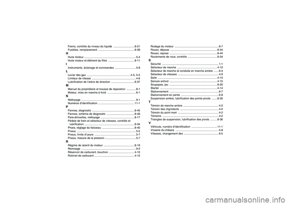 YAMAHA YFM350R-W 2011  Notices Demploi (in French) Freins, contrôle du niveau du liquide  ........................... 8-21
Fusibles, remplacement  ............................................... 8-39HHuile moteur  ....................................