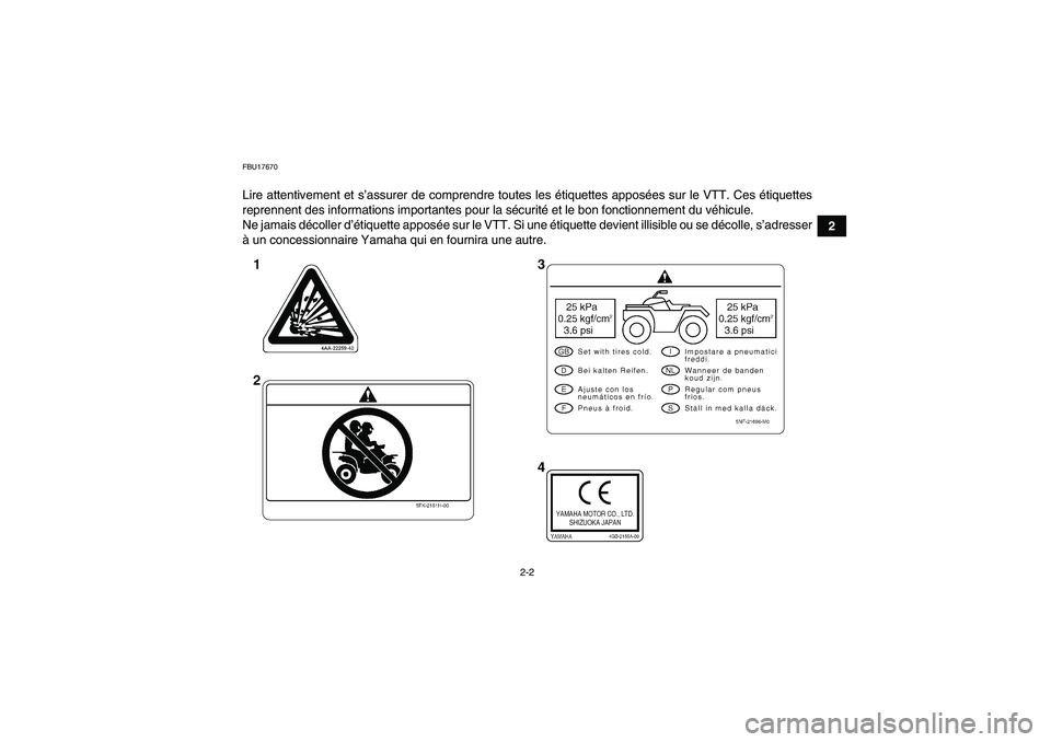 YAMAHA YFM350R-W 2010  Notices Demploi (in French) 2-2
2
FBU17670Lire attentivement et s’assurer de comprendre toutes les étiquettes apposées sur le VTT. Ces étiquettes
reprennent des informations importantes pour la sécurité et le bon fonction