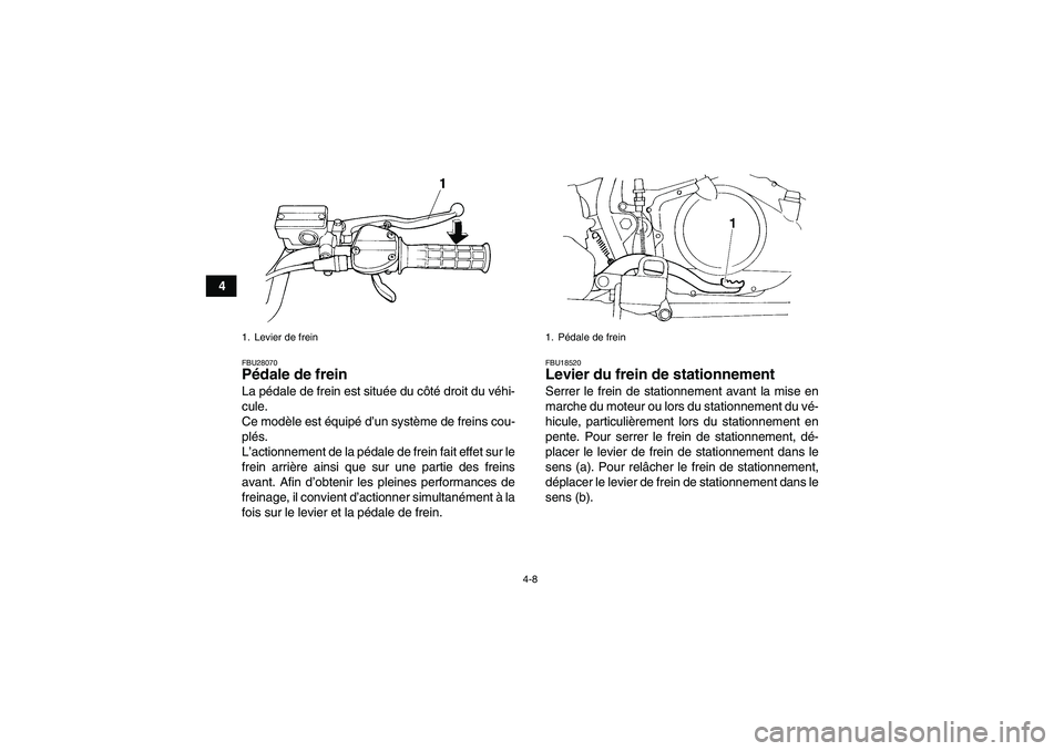 YAMAHA YFM350R-W 2010  Notices Demploi (in French) 4-8
4
FBU28070Pédale de frein La pédale de frein est située du côté droit du véhi-
cule.
Ce modèle est équipé d’un système de freins cou-
plés.
L’actionnement de la pédale de frein fai