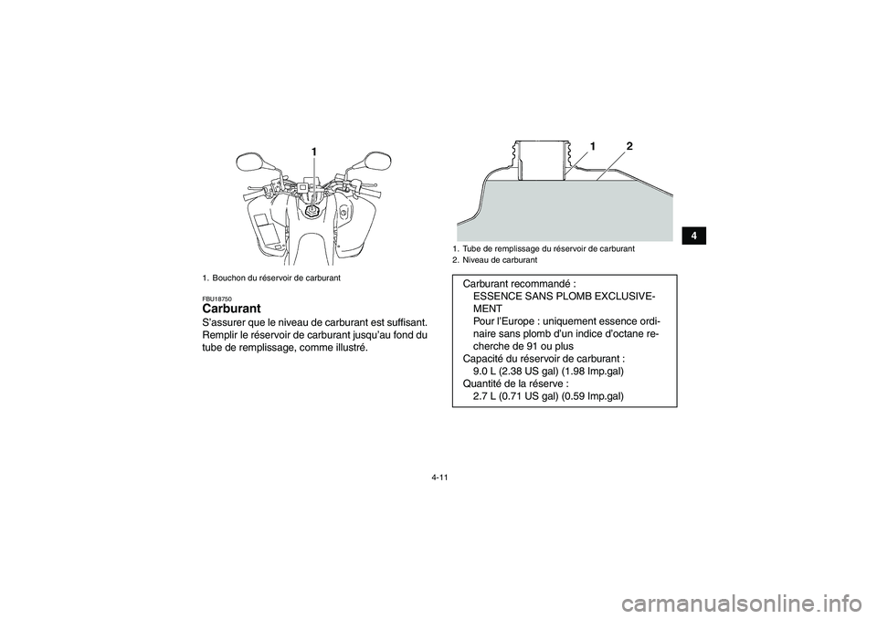 YAMAHA YFM350R-W 2008 Notices Demploi (in French) 4-11
4
FBU18750Carburant S’assurer que le niveau de carburant est suffisant.
Remplir le réservoir de carburant jusqu’au fond du
tube de remplissage, comme illustré.1. Bouchon du réservoir de ca YAMAHA YFM350R-W 2008 Notices Demploi (in French) 4-11
4
FBU18750Carburant S’assurer que le niveau de carburant est suffisant.
Remplir le réservoir de carburant jusqu’au fond du
tube de remplissage, comme illustré.1. Bouchon du réservoir de ca