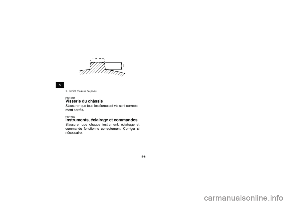 YAMAHA YFM350R-W 2010  Notices Demploi (in French) 5-8
5
FBU19840Visserie du châssis S’assurer que tous les écrous et vis sont correcte-
ment serrés.FBU19850Instruments, éclairage et commandes S’assurer que chaque instrument, éclairage et
com