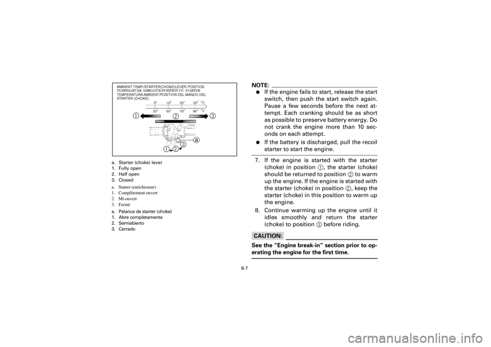 YAMAHA YFM400F 2001 Owners Manual
6-7
Yuki_Data:Yuki_data:Yuki:Yuki_1:ATV:HM00B061_YFM400FWA-61:YFM600-6.frame
EL
a. Starter (choke) lever
1. Fully open
2. Half open
3. Closed
a. Starter (enrichisseur)
1. Complètement ouvert
2. YAMAHA YFM400F 2001 Owners Manual
6-7
Yuki_Data:Yuki_data:Yuki:Yuki_1:ATV:HM00B061_YFM400FWA-61:YFM600-6.frame
EL
a. Starter (choke) lever
1. Fully open
2. Half open
3. Closed
a. Starter (enrichisseur)
1. Complètement ouvert
2.