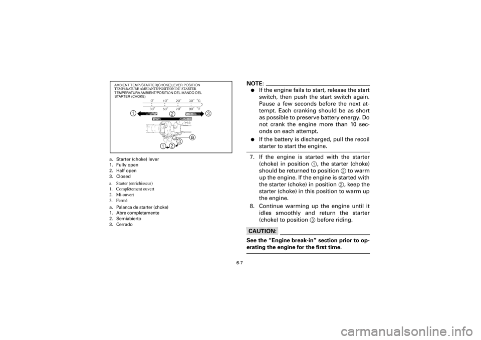 YAMAHA YFM400F 2001  Notices Demploi (in French)  
6-7 
Yuki_Data:Yuki_data:Yuki:Yuki_1:ATV:HM00B061_YFM400FWA-61:YFM600-6.frame 
EL 
a. Starter (choke) lever
1. Fully open
2. Half open
3. Closed 
a. Starter (enrichisseur)
1. Complètement ouvert
2.
