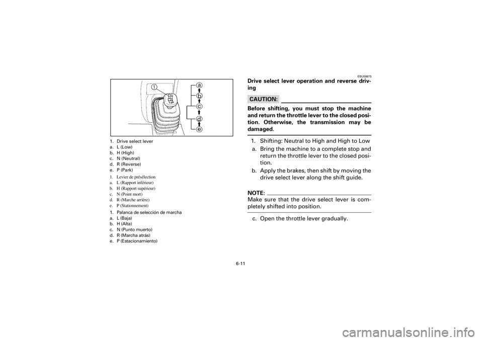 YAMAHA YFM400F 2001 Owners Manual
6-11
Yuki_Data:Yuki_data:Yuki:Yuki_1:ATV:HM00B061_YFM400FWA-61:YFM600-6.frame
EL
1. Drive select lever
a. L (Low)
b. H (High)
c. N (Neutral)
d. R (Reverse)
e. P (Park)
1. Levier de présélectio YAMAHA YFM400F 2001 Owners Manual
6-11
Yuki_Data:Yuki_data:Yuki:Yuki_1:ATV:HM00B061_YFM400FWA-61:YFM600-6.frame
EL
1. Drive select lever
a. L (Low)
b. H (High)
c. N (Neutral)
d. R (Reverse)
e. P (Park)
1. Levier de présélectio