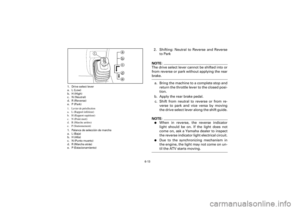 YAMAHA YFM400F 2001 Owners Manual
6-13
Yuki_Data:Yuki_data:Yuki:Yuki_1:ATV:HM00B061_YFM400FWA-61:YFM600-6.frame
EL
1. Drive select lever
a. L (Low)
b. H (High)
c. N (Neutral)
d. R (Reverse)
e. P (Park)
1. Levier de présélectio YAMAHA YFM400F 2001 Owners Manual
6-13
Yuki_Data:Yuki_data:Yuki:Yuki_1:ATV:HM00B061_YFM400FWA-61:YFM600-6.frame
EL
1. Drive select lever
a. L (Low)
b. H (High)
c. N (Neutral)
d. R (Reverse)
e. P (Park)
1. Levier de présélectio