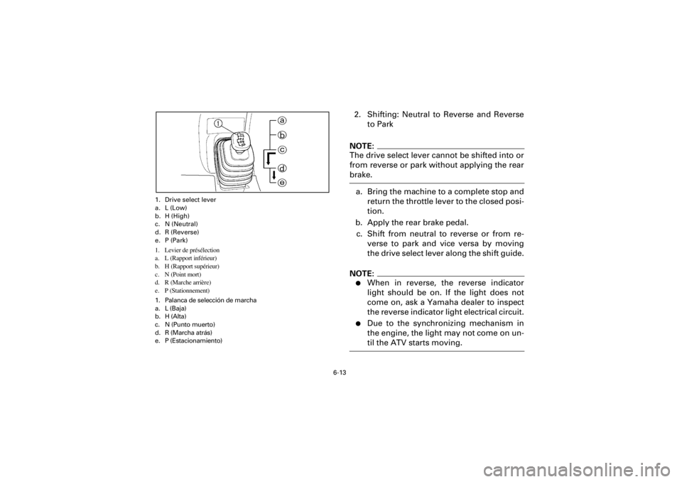 YAMAHA YFM400F 2001  Notices Demploi (in French)  
6-13 
Yuki_Data:Yuki_data:Yuki:Yuki_1:ATV:HM00B061_YFM400FWA-61:YFM600-6.frame 
EL 
1. Drive select lever
a. L (Low)
b. H (High)
c. N (Neutral)
d. R (Reverse)
e. P (Park) 
1. Levier de présélectio