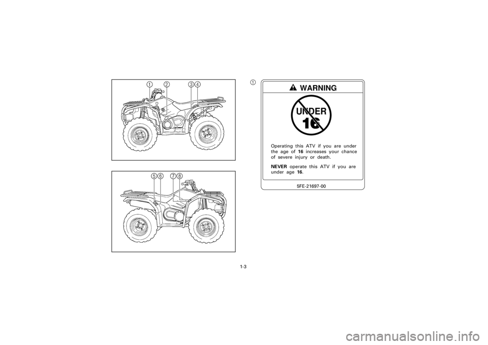 YAMAHA YFM400F 2001 Owners Manual  
1-3 
Yuki_Data:Yuki_data:Yuki:Yuki_1:ATV:HM00B061_YFM400FWA-61:YFM600-1.frame 
EL
1
UNDERWARNING5FE-21697-00
NEVER  operate  this  ATV  if  you  areunder  age  16. Operating  this  ATV  if  you  are