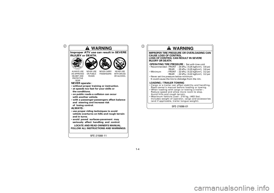 YAMAHA YFM400F 2001  Notices Demploi (in French)  
1-4 
Yuki_Data:Yuki_data:Yuki:Yuki_1:ATV:HM00B061_YFM400FWA-61:YFM600-1.frame 
ER
2
WARNING5FE-21568-11
Improper ATV use can result in SEVERE
INJURY or DEATH.ALWAYS USE
AN APPROVED
HELMET AND
PROTEC