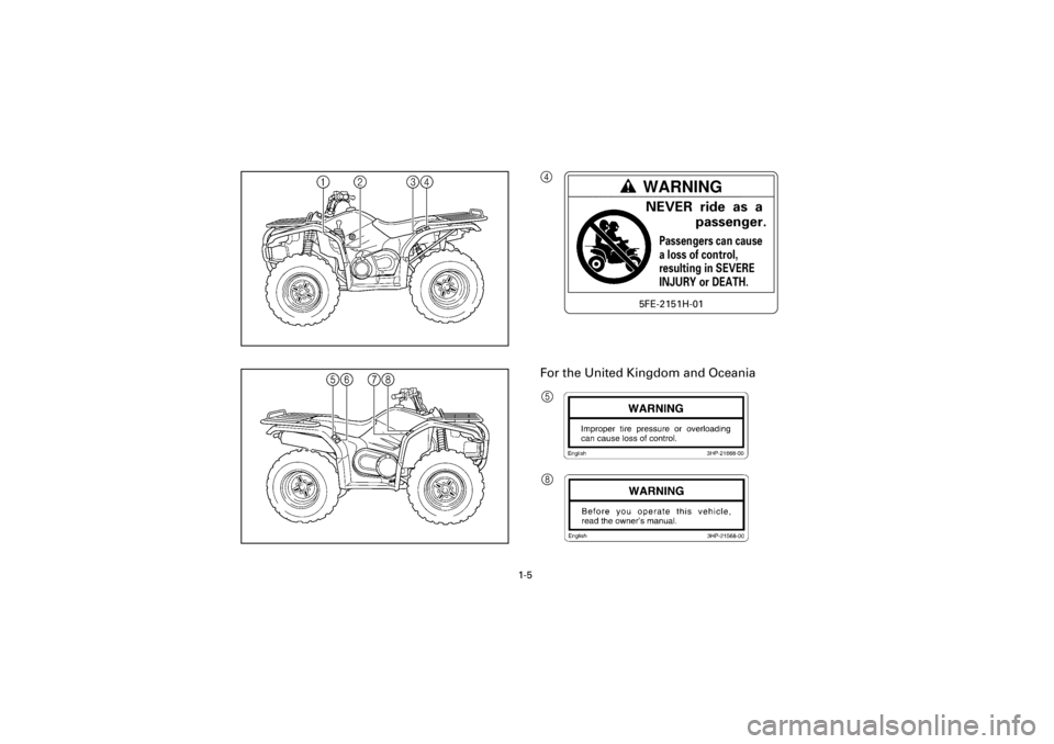 YAMAHA YFM400F 2001 Owners Guide
1-5
Yuki_Data:Yuki_data:Yuki:Yuki_1:ATV:HM00B061_YFM400FWA-61:YFM600-1.frame
EL
For the United Kingdom and Oceania
WARNING
Passengers can cause
a loss of control,
resulting in SEVERE
INJURY or D YAMAHA YFM400F 2001 Owners Guide
1-5
Yuki_Data:Yuki_data:Yuki:Yuki_1:ATV:HM00B061_YFM400FWA-61:YFM600-1.frame
EL
For the United Kingdom and Oceania
WARNING
Passengers can cause
a loss of control,
resulting in SEVERE
INJURY or D