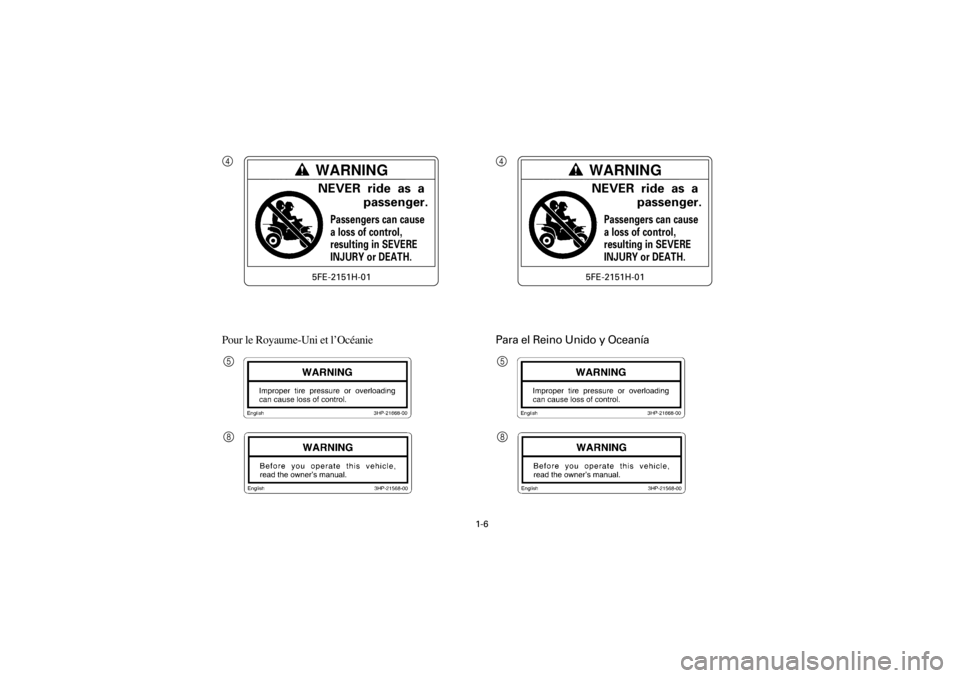 YAMAHA YFM400F 2001  Notices Demploi (in French)  
1-6 
Yuki_Data:Yuki_data:Yuki:Yuki_1:ATV:HM00B061_YFM400FWA-61:YFM600-1.frame 
ER 
Pour le Royaume-Uni et l’Océanie  
Para el Reino Unido y Oceanía
WARNING
Passengers can cause
a loss of control