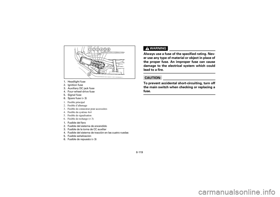 YAMAHA YFM400F 2001 Owners Manual 8-119
Yuki_Data:Yuki_data:Yuki:Yuki_1:ATV:HM00B061_YFM400FWA-61:YFM600-8.frame
EL
WARNING
Always use a fuse of the specified rating. Nev-
er use any type of material or object in place of
the proper f YAMAHA YFM400F 2001 Owners Manual 8-119
Yuki_Data:Yuki_data:Yuki:Yuki_1:ATV:HM00B061_YFM400FWA-61:YFM600-8.frame
EL
WARNING
Always use a fuse of the specified rating. Nev-
er use any type of material or object in place of
the proper f