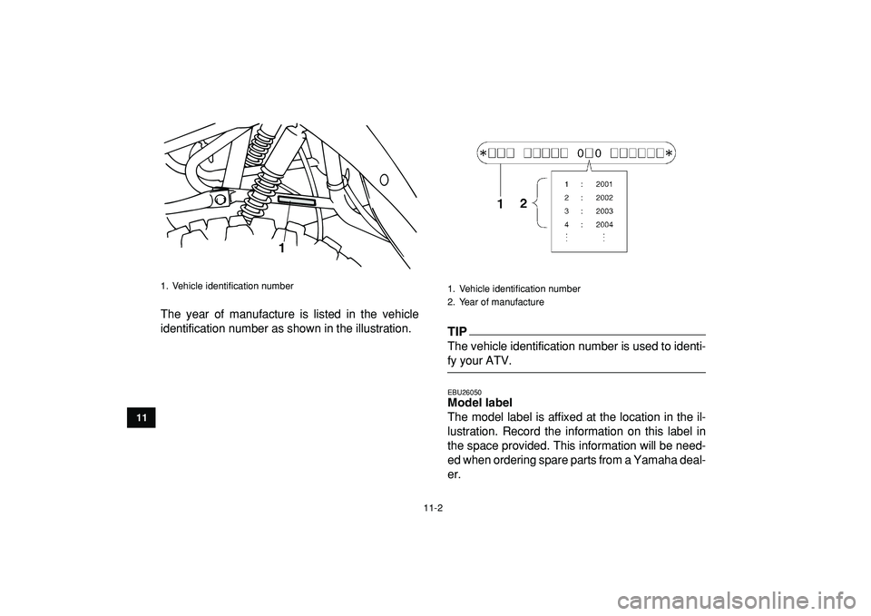YAMAHA YFM50R 2009 Owners Manual
11-2
1
2
3
4
5
6
7
8
9
1011
The year of manufacture is listed in the vehicle
identification number as shown in the illustration.
TIP
The vehicle identification number is used to identi-
fy your YAMAHA YFM50R 2009 Owners Manual
11-2
1
2
3
4
5
6
7
8
9
1011
The year of manufacture is listed in the vehicle
identification number as shown in the illustration.
TIP
The vehicle identification number is used to identi-
fy your