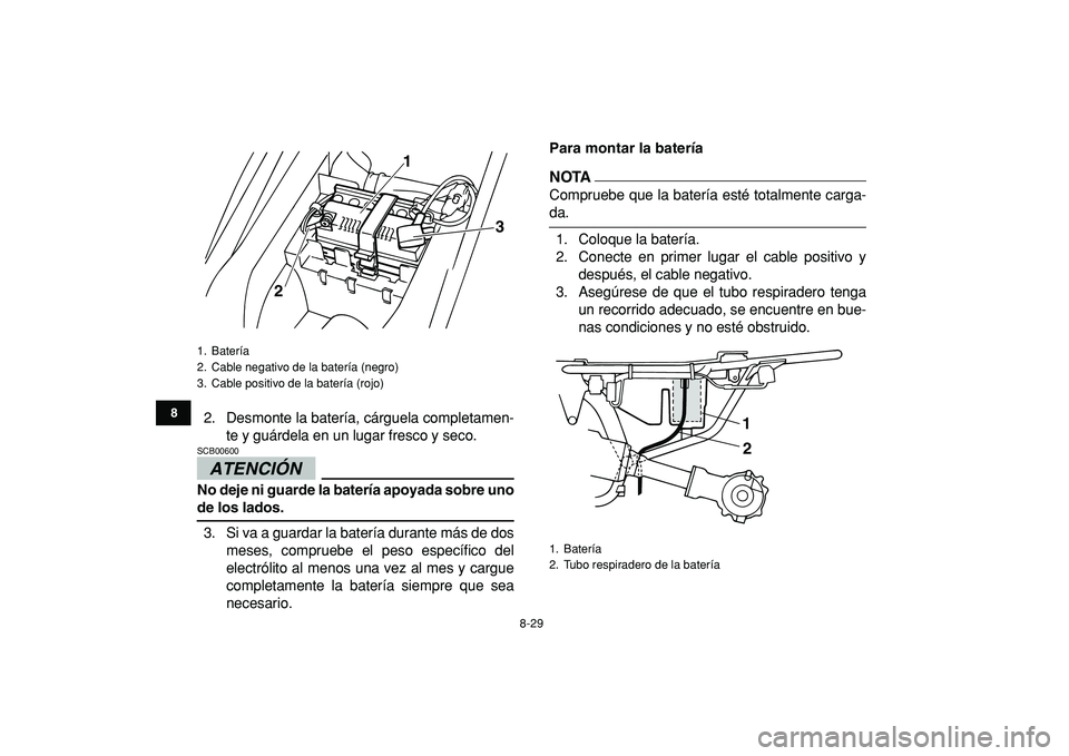 YAMAHA YFM50R 2009 Manuale de Empleo (in Spanish)
8-29
1
2
3
4
5
6
78
9
10
11
2. Desmonte la batería, cárguela completamen-
te y guárdela en un lugar fresco y seco.
ATENCIÓN
SCB00600
No deje ni guarde la batería apoyada sobre uno
de l YAMAHA YFM50R 2009 Manuale de Empleo (in Spanish)
8-29
1
2
3
4
5
6
78
9
10
11
2. Desmonte la batería, cárguela completamen-
te y guárdela en un lugar fresco y seco.
ATENCIÓN
SCB00600
No deje ni guarde la batería apoyada sobre uno
de l