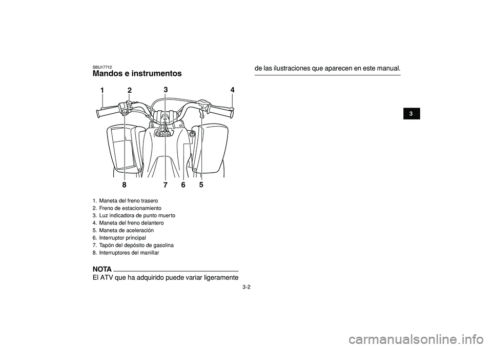 YAMAHA YFM50R 2009 Manuale de Empleo (in Spanish)
3-2
1
23
4
5
6
7
8
9
10
11
SBU17712
Mandos e instrumentos
NOTA
El ATV que ha adquirido puede variar ligeramente
de las ilustraciones que aparecen en este manual.
1. Maneta del freno trasero YAMAHA YFM50R 2009 Manuale de Empleo (in Spanish)
3-2
1
23
4
5
6
7
8
9
10
11
SBU17712
Mandos e instrumentos
NOTA
El ATV que ha adquirido puede variar ligeramente
de las ilustraciones que aparecen en este manual.
1. Maneta del freno trasero