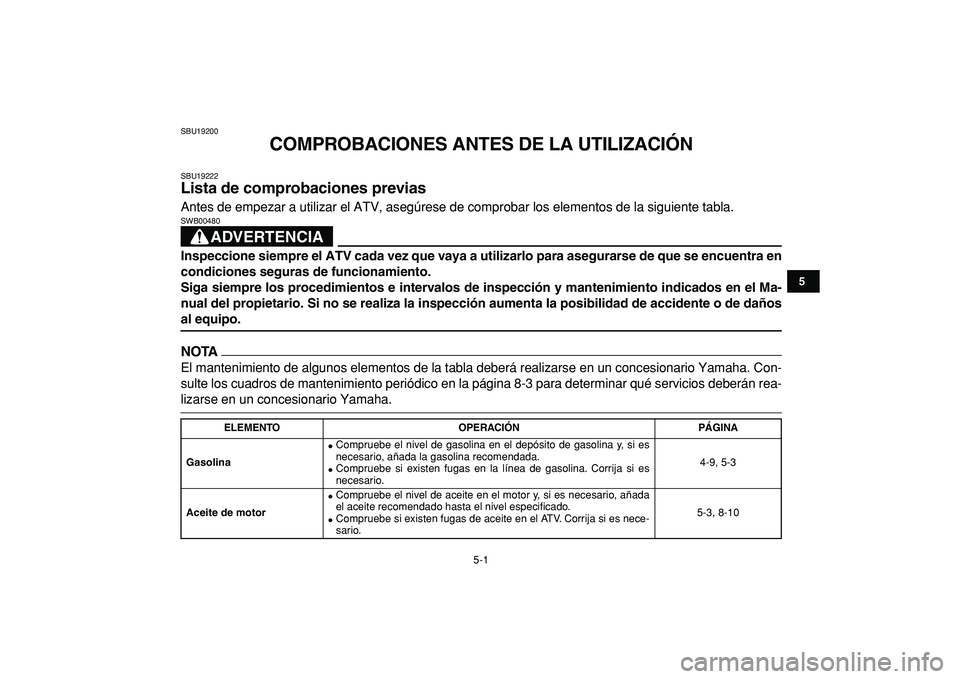 YAMAHA YFM50R 2009  Manuale de Empleo (in Spanish)  
5-1 
1
2
3
45
6
7
8
9
10
11
 
SBU19200 
COMPROBACIONES ANTES DE LA UTILIZACIÓN 
SBU19222 
Lista de comprobaciones previas  
Antes de empezar a utilizar el ATV, asegúrese de comprobar los elementos