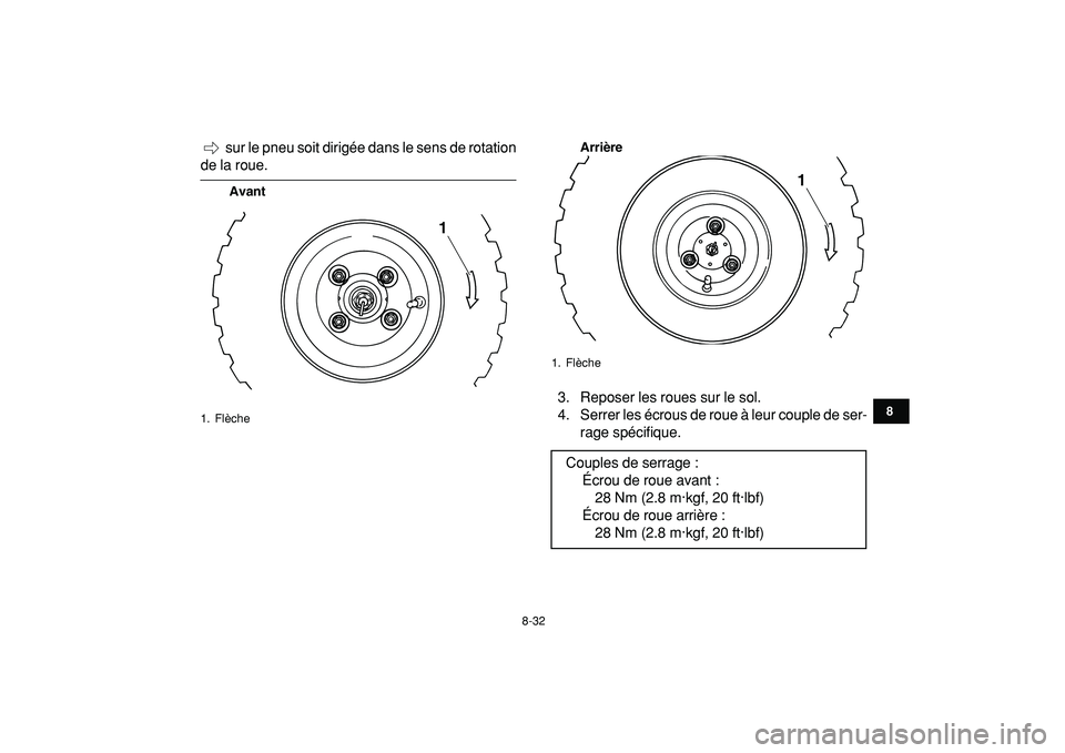 YAMAHA YFM50R 2009 Notices Demploi (in French)
8-32
1
2
3
4
5
6
78
9
10
11
sur le pneu soit dirigée dans le sens de rotation
de la roue.
AvantArrière
3. Reposer les roues sur le sol.
4. Serrer les écrous de roue à leur couple de ser-
YAMAHA YFM50R 2009 Notices Demploi (in French)
8-32
1
2
3
4
5
6
78
9
10
11
sur le pneu soit dirigée dans le sens de rotation
de la roue.
AvantArrière
3. Reposer les roues sur le sol.
4. Serrer les écrous de roue à leur couple de ser-
