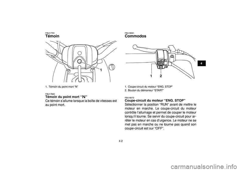YAMAHA YFM50R 2009 Notices Demploi (in French)
4-2
1
2
34
5
6
7
8
9
10
11
FBU17781
Témoin
FBU17860
Témoin du point mort “”
Ce témoin s’allume lorsque la boîte de vitesses est
au point mort.
FBU18061
Commodos
FBU18070
Coup YAMAHA YFM50R 2009 Notices Demploi (in French)
4-2
1
2
34
5
6
7
8
9
10
11
FBU17781
Témoin
FBU17860
Témoin du point mort “”
Ce témoin s’allume lorsque la boîte de vitesses est
au point mort.
FBU18061
Commodos
FBU18070
Coup