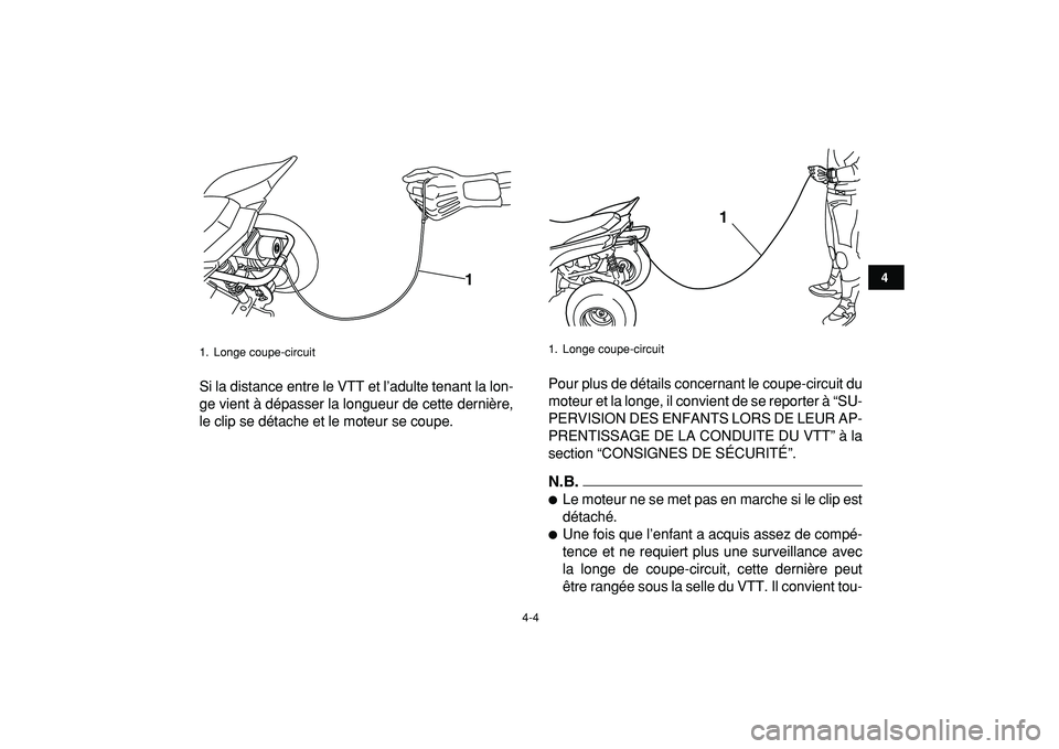 YAMAHA YFM50R 2009 Notices Demploi (in French)
4-4
1
2
34
5
6
7
8
9
10
11
Si la distance entre le VTT et l’adulte tenant la lon-
ge vient à dépasser la longueur de cette dernière,
le clip se détache et le moteur se coupe.Pour plus de d YAMAHA YFM50R 2009 Notices Demploi (in French)
4-4
1
2
34
5
6
7
8
9
10
11
Si la distance entre le VTT et l’adulte tenant la lon-
ge vient à dépasser la longueur de cette dernière,
le clip se détache et le moteur se coupe.Pour plus de d