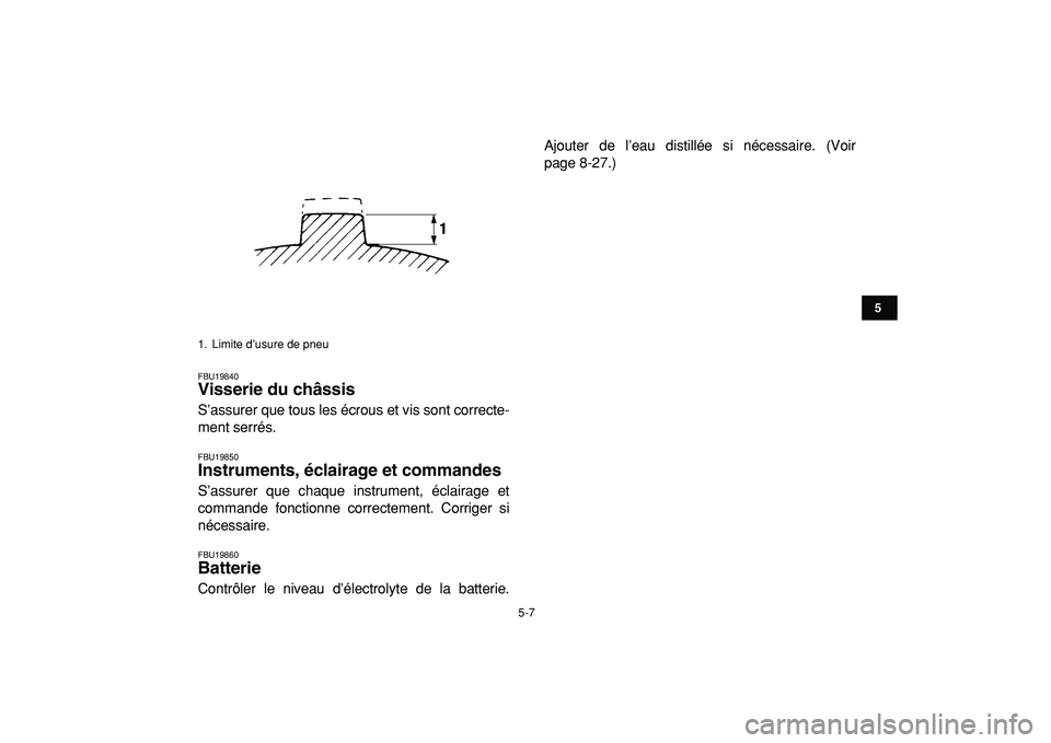 YAMAHA YFM50R 2009  Notices Demploi (in French)  
5-7 
1
2
3
45
6
7
8
9
10
11
 
FBU19840 
Visserie du châssis  
S’assurer que tous les écrous et vis sont correcte-
ment serrés. 
FBU19850 
Instruments, éclairage et commandes  
S’assurer que 