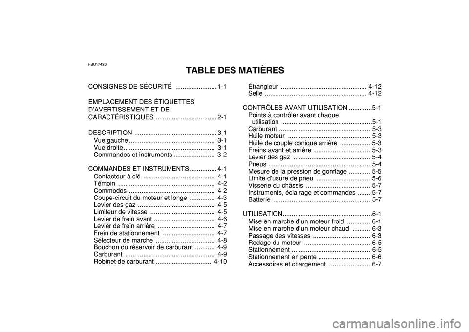 YAMAHA YFM50R 2009 Notices Demploi (in French)
FBU17420
TABLE DES MATIÈRES
CONSIGNES DE SÉCURITÉ ....................... 1-1
EMPLACEMENT DES ÉTIQUETTES
D’AVERTISSEMENT ET DE
CARACTÉRISTIQUES .................................. 2-1
DES YAMAHA YFM50R 2009 Notices Demploi (in French)
FBU17420
TABLE DES MATIÈRES
CONSIGNES DE SÉCURITÉ ....................... 1-1
EMPLACEMENT DES ÉTIQUETTES
D’AVERTISSEMENT ET DE
CARACTÉRISTIQUES .................................. 2-1
DES
