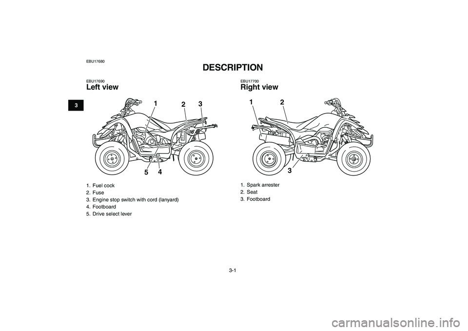 YAMAHA YFM50R 2008 Owners Manual  
3-1 
1
23
4
5
6
7
8
9
10
11
 
EBU17680 
DESCRIPTION  
EBU17690 
Left view 
EBU17700 
Right view 
1. Fuel cock
2. Fuse
3.  Engine stop switch with cord (lanyard)
4. Footboard
5.  Drive select lever
1