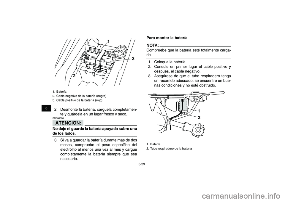 YAMAHA YFM50R 2008 Manuale de Empleo (in Spanish)
8-29
1
2
3
4
5
6
78
9
10
11
2. Desmonte la batería, cárguela completamen-
te y guárdela en un lugar fresco y seco.
ATENCION:
SCB00600
No deje ni guarde la batería apoyada sobre uno
de lo YAMAHA YFM50R 2008 Manuale de Empleo (in Spanish)
8-29
1
2
3
4
5
6
78
9
10
11
2. Desmonte la batería, cárguela completamen-
te y guárdela en un lugar fresco y seco.
ATENCION:
SCB00600
No deje ni guarde la batería apoyada sobre uno
de lo