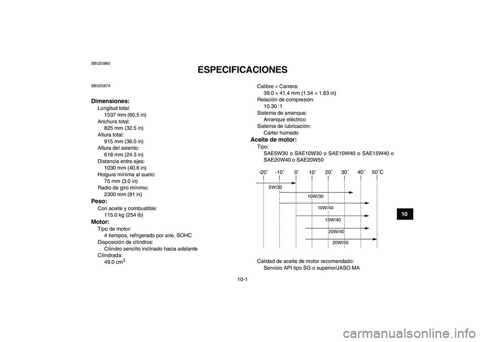 YAMAHA YFM50R 2008  Manuale de Empleo (in Spanish)  
10-1 
1
2
3
4
5
6
7
8
910
11
 
SBU25960 
ESPECIFICACIONES  
SBU2597A 
Dimensiones: 
Longitud total: 
1537 mm (60.5 in)
Anchura total: 
825 mm (32.5 in)
Altura total: 
915 mm (36.0 in)
Altura del asi