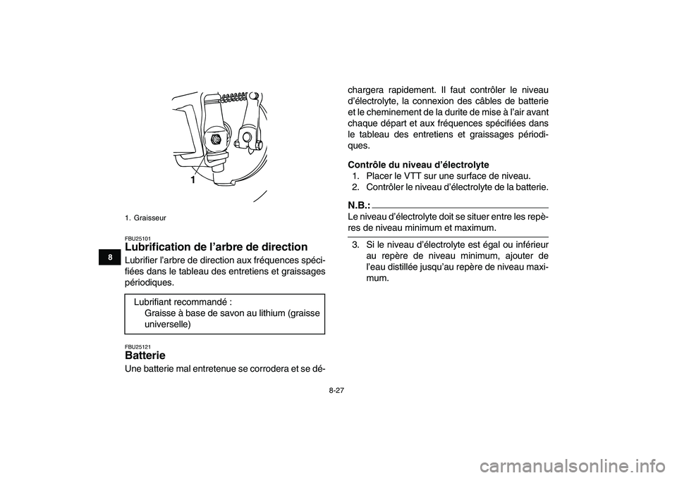 YAMAHA YFM50R 2008 Notices Demploi (in French)
8-27
1
2
3
4
5
6
78
9
10
11
FBU25101
Lubrification de l’arbre de direction
Lubrifier l’arbre de direction aux fréquences spéci-
fiées dans le tableau des entretiens et graissages
pério YAMAHA YFM50R 2008 Notices Demploi (in French)
8-27
1
2
3
4
5
6
78
9
10
11
FBU25101
Lubrification de l’arbre de direction
Lubrifier l’arbre de direction aux fréquences spéci-
fiées dans le tableau des entretiens et graissages
pério