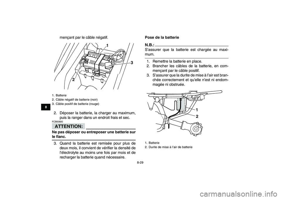 YAMAHA YFM50R 2008 Notices Demploi (in French)
8-29
1
2
3
4
5
6
78
9
10
11
mençant par le câble négatif.
2. Déposer la batterie, la charger au maximum,
puis la ranger dans un endroit frais et sec.
ATTENTION:
FCB00600
Ne pas déposer o YAMAHA YFM50R 2008 Notices Demploi (in French)
8-29
1
2
3
4
5
6
78
9
10
11
mençant par le câble négatif.
2. Déposer la batterie, la charger au maximum,
puis la ranger dans un endroit frais et sec.
ATTENTION:
FCB00600
Ne pas déposer o