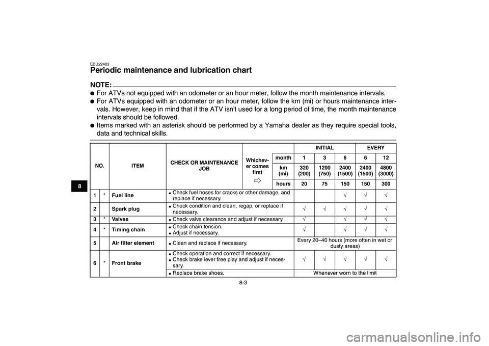 YAMAHA YFM50R 2007  Owners Manual  
8-3 
1
2
3
4
5
6
78
9
10
11
 
EBU22403 
Periodic maintenance and lubrication chart 
NOTE:
 
 
For ATVs not equipped with an odometer or an hour meter, follow the month maintenance intervals. 
 
Fo