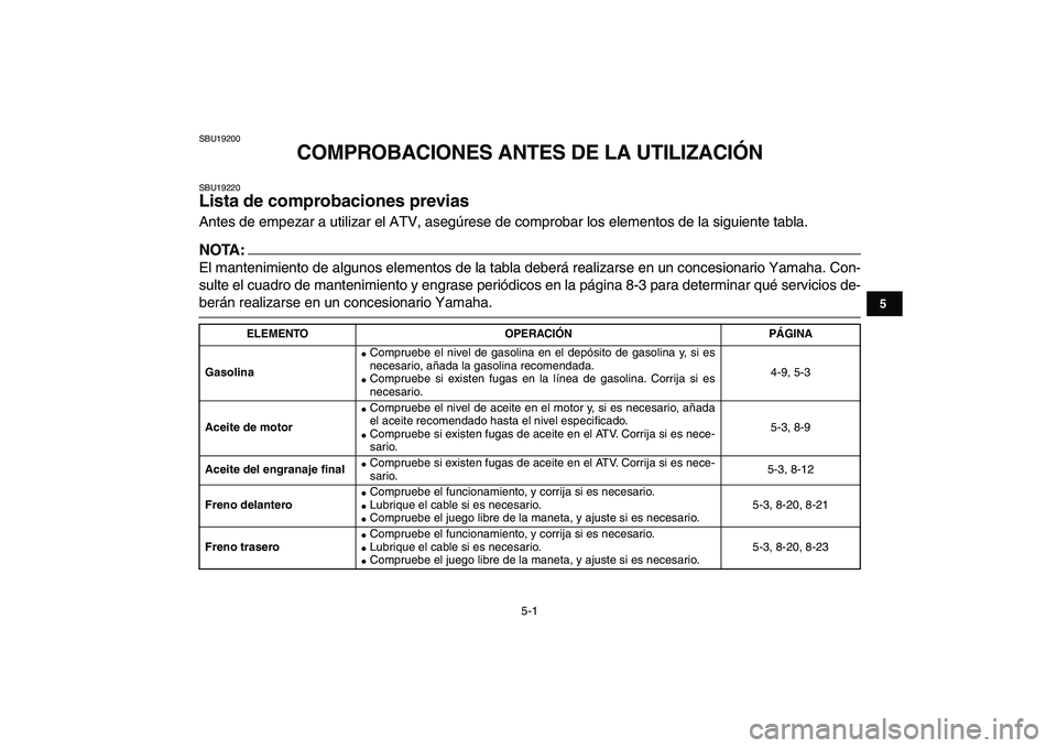 YAMAHA YFM50R 2007  Manuale de Empleo (in Spanish)  
5-1 
1
2
3
45
6
7
8
9
10
11
 
SBU19200 
COMPROBACIONES ANTES DE LA UTILIZACIÓN 
SBU19220 
Lista de comprobaciones previas  
Antes de empezar a utilizar el ATV, asegúrese de comprobar los elementos