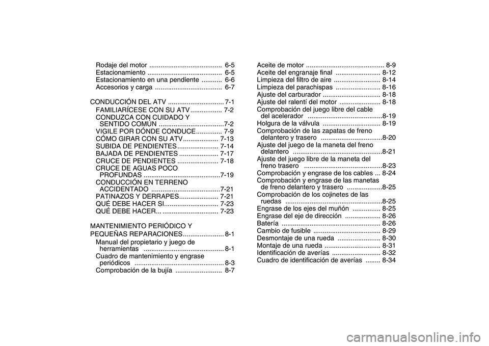 YAMAHA YFM50R 2007  Manuale de Empleo (in Spanish)  
Rodaje del motor  .......................................  6-5
Estacionamiento ........................................  6-5
Estacionamiento en una pendiente  ...........  6-6
Accesorios y carga  ..