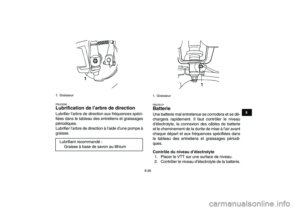 YAMAHA YFM50R 2007  Notices Demploi (in French)  
8-26 
1
2
3
4
5
6
78
9
10
11
 
FBU25090 
Lubrification de l’arbre de direction  
Lubrifier l’arbre de direction aux fréquences spéci-
fiées dans le tableau des entretiens et graissages
pério