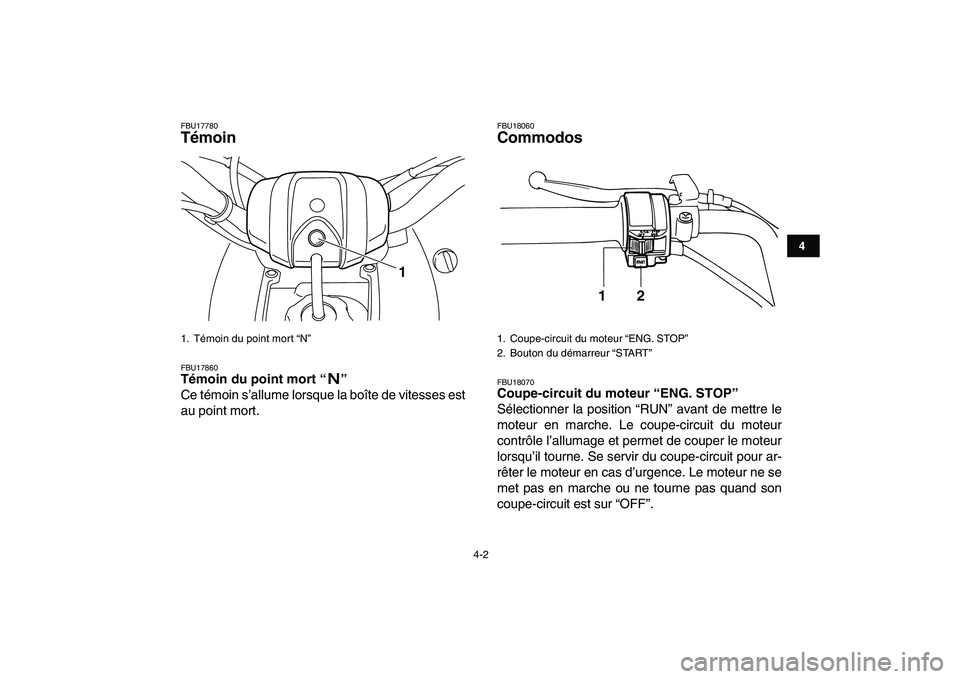 YAMAHA YFM50R 2007 Notices Demploi (in French)
4-2
1
2
34
5
6
7
8
9
10
11
FBU17780
Témoin
FBU17860
Témoin du point mort “”
Ce témoin s’allume lorsque la boîte de vitesses est
au point mort.
FBU18060
Commodos
FBU18070
Coup YAMAHA YFM50R 2007 Notices Demploi (in French)
4-2
1
2
34
5
6
7
8
9
10
11
FBU17780
Témoin
FBU17860
Témoin du point mort “”
Ce témoin s’allume lorsque la boîte de vitesses est
au point mort.
FBU18060
Commodos
FBU18070
Coup