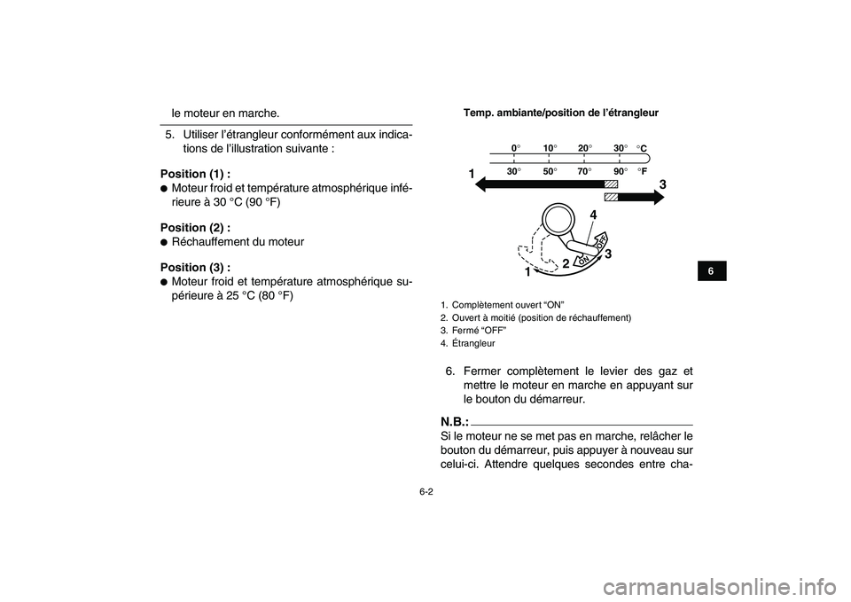 YAMAHA YFM50R 2007  Notices Demploi (in French)  
6-2 
1
2
3
4
56
7
8
9
10
11
 
le moteur en marche.
5. Utiliser l’étrangleur conformément aux indica-
tions de l’illustration suivante : 
Position (1) : 
 
Moteur froid et température atmosph